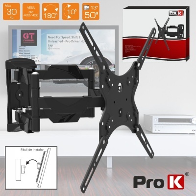 Suporte de parede para TV Pro K preto com especificações em laranja e branco