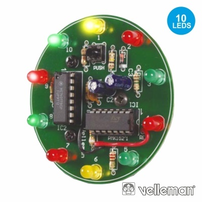 Placa eletrónica oval verde com 10 LEDs coloridos e componentes eletrónicos