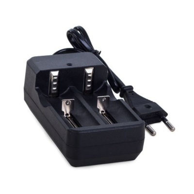 Carregador de baterias duplo preto com cabo elétrico e ficha de dois pinos