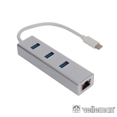 Hub USB prateado com três portas USB 3.0 e uma porta Ethernet, cabo USB tipo C branco, logótipo Velleman
