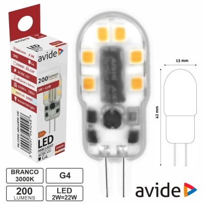 Lâmpada LED Mini Light Avide G4 2W 200 lumens 3000K e embalagem