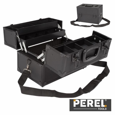 Mala de ferramentas preta com compartimentos internos e alça de ombro da marca PEREL TOOLS.