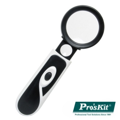 Lupa de mão preta e branca com lentes de aumento e logotipo Pro'sKit
