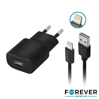 Carregador de parede preto com cabo USB preto e conector Lightning, logótipo FOREVER MOBILE