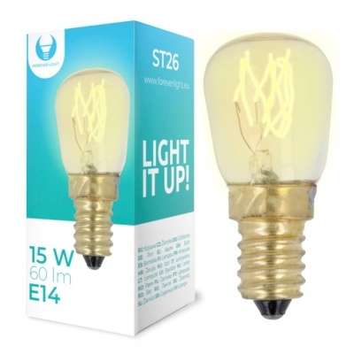 Lâmpada incandescente amarela com soquete E14 e embalagem azul e branca ao fundo