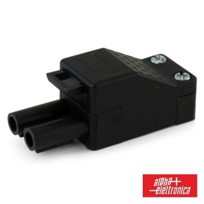 Conector elétrico preto com duas entradas e parafusos sobre fundo branco