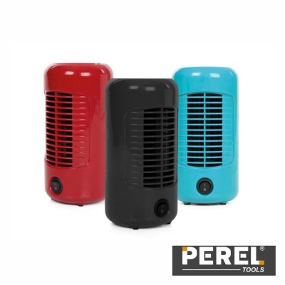 Três aquecedores portáteis em vermelho, preto e azul com logótipo PEREL TOOLS