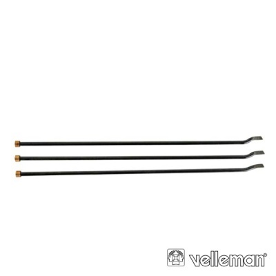 Três varetas metálicas pretas com pontas curvadas e extremidades douradas