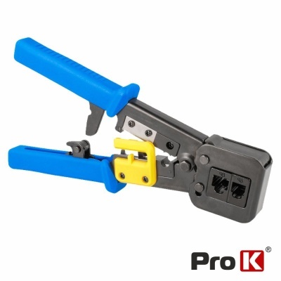 Alicate crimpador azul e amarelo com marcas Pro K