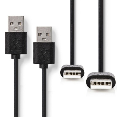 Cabo USB preto com conectores USB macho e fêmea em fundo branco