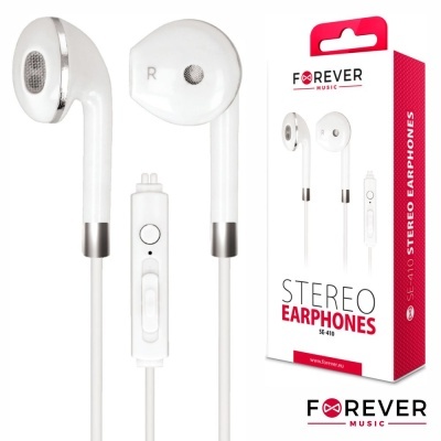 Auriculares estéreo brancos com controlo integrado e embalagem FOREVER MUSIC.