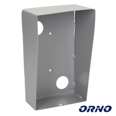 Caixa metálica cinzenta com recortes circulares e logotipo ORNO