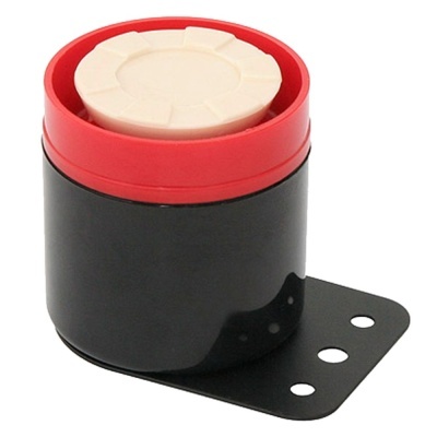 Recipiente cilíndrico com tampa vermelha e botão branco com suporte metálico preto