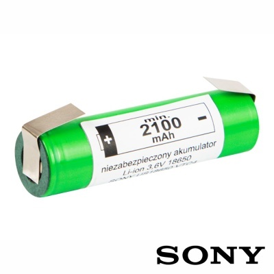Bateria recarregável cilíndrica verde Sony com etiqueta branca e capacidade 2100 mAh