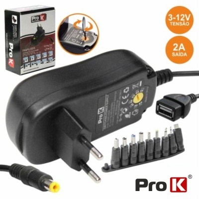 Carregador adaptador Pro K preto com múltiplas pontas intercambiáveis e embalagem