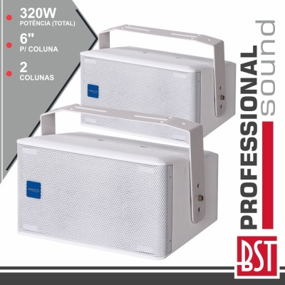 Colunas de som profissionais BRST brancas com suportes ajustáveis e texto técnico