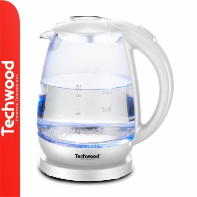 Chaleira elétrica transparente com base branca e luz azul