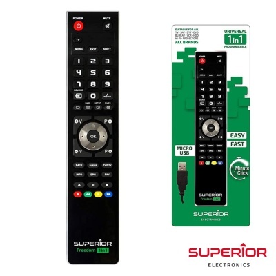 Comando remoto universal preto da marca SUPERIOR com embalagem verde