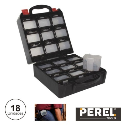 Caixa organizadora preta com 18 recipientes pequenos transparentes para ferramentas