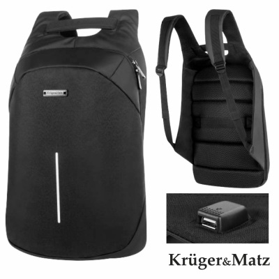 Mochila preta Krüger&Matz com alças acolchoadas e porta USB integrada