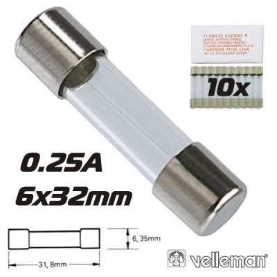 Fusível rápido 0.25A 6x32mm com embalagem 10 unidades Velleman