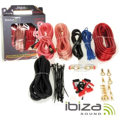 Kit de cabos para som automóvel da marca Ibiza Sound com acessórios variados e embalagem apresentada.