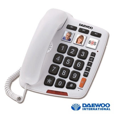 Telefone fixo branco Daewoo com teclado numérico e botão SOS