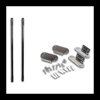 Conjunto de hastes pretas e suportes metálicos com parafusos
