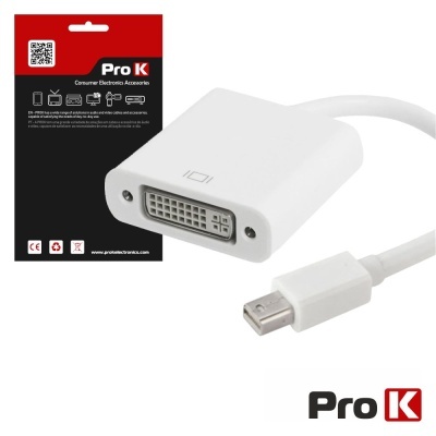 Adaptador Mini DisplayPort para DVI branco Pro K com embalagem preta e vermelha