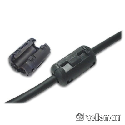 Filtro de ferrite preto para cabo com duas peças separadas.