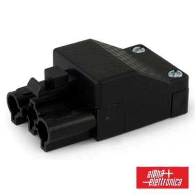Conector elétrico preto plástico com dois terminais e parafusos metálicos, logo alpha+ elettronica