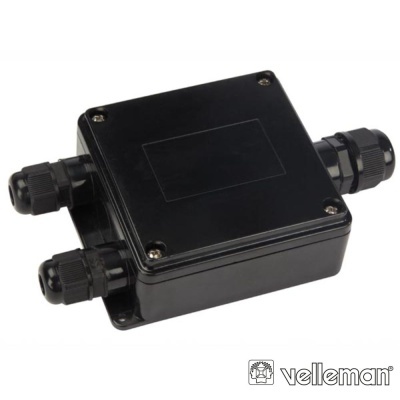 Caixa de junção preta em plástico com quatro entradas e parafusos, logótipo Velleman