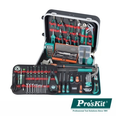 Conjunto de ferramentas Pro'sKit em estojo preto aberto com várias ferramentas organizadas