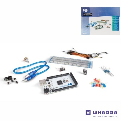 Kit eletrónico com componentes Arduino e protoboard, cabo USB e resistores