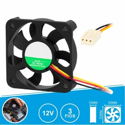 Ventoinha quadrada preta de 50x50 mm com cabo tricolor e conector branco