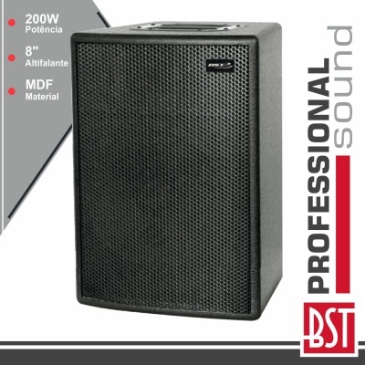 Coluna de som profissional preta BST com potência de 200W e altifalante de 8 polegadas