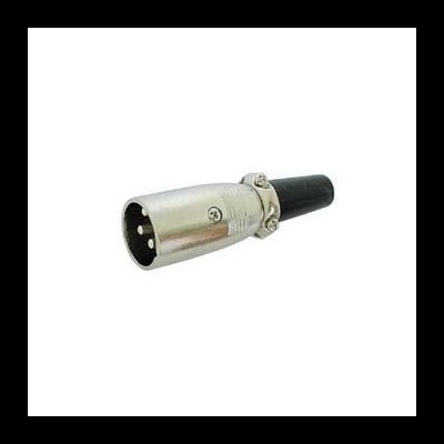 Conector XLR macho metálico prateado com pinos dourados e isolamento preto