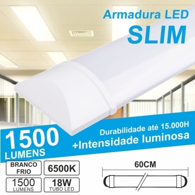 Armadura LED slim branca com especificações técnicas visíveis
