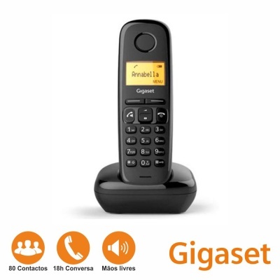 Telefone sem fios preto Gigaset com visor amarelo e teclado numérico