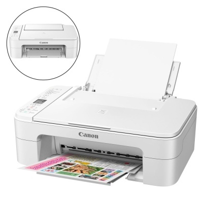 Impressora multifunções Canon branca com documento colorido impresso