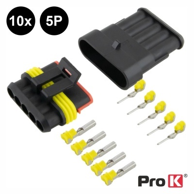 Conjunto de conectores elétricos pretos com 5 pinos, componentes metálicos e detalhes amarelos e vermelhos