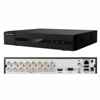 Gravador digital Hikvision preto com várias portas e entradas na traseira.