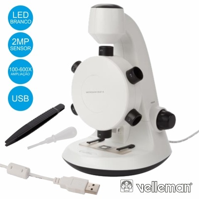 Microscópio digital branco Velleman com conexão USB e acessórios