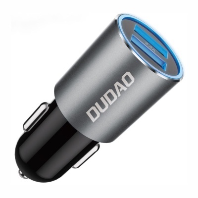 Carregador veicular DUDao cinzento com duas entradas USB azuis