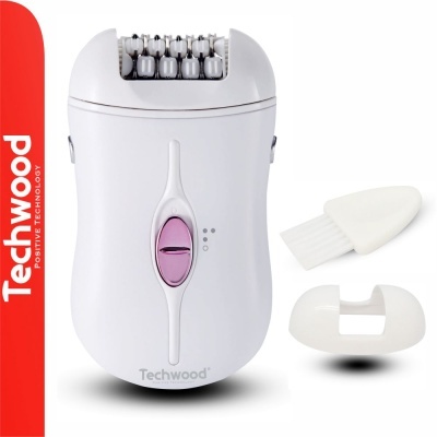 Aparelho epilador branco com botões rosa e acessórios