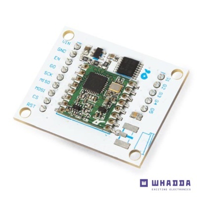 Placa eletrónica branca com módulo verde e microchip preto com texto de pinos em azul