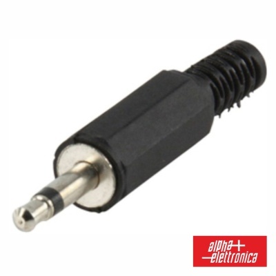 Conector jack estéreo 3,5 mm preto e metálico com logótipo alpha elettronica