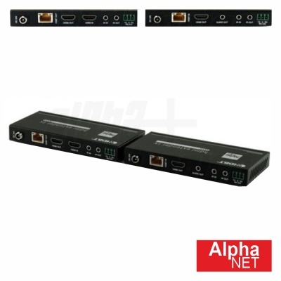 Dois dispositivos eletrónicos pretos com portas HDMI, Ethernet e de áudio, logo Alpha NET