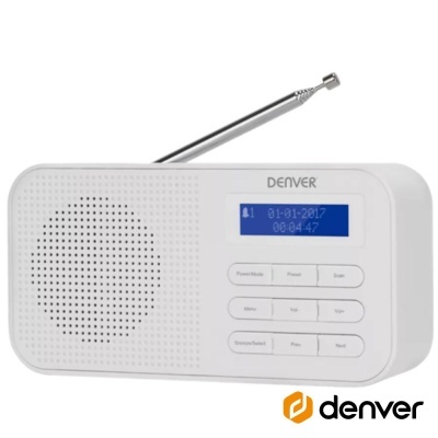 Rádio portátil branco DENVER com ecrã digital azul e antena telescópica