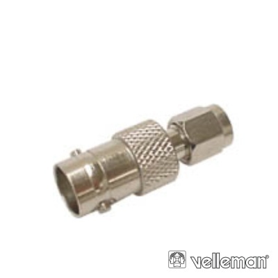 Conector metálico prateado com textura antiderrapante e logótipo velleman